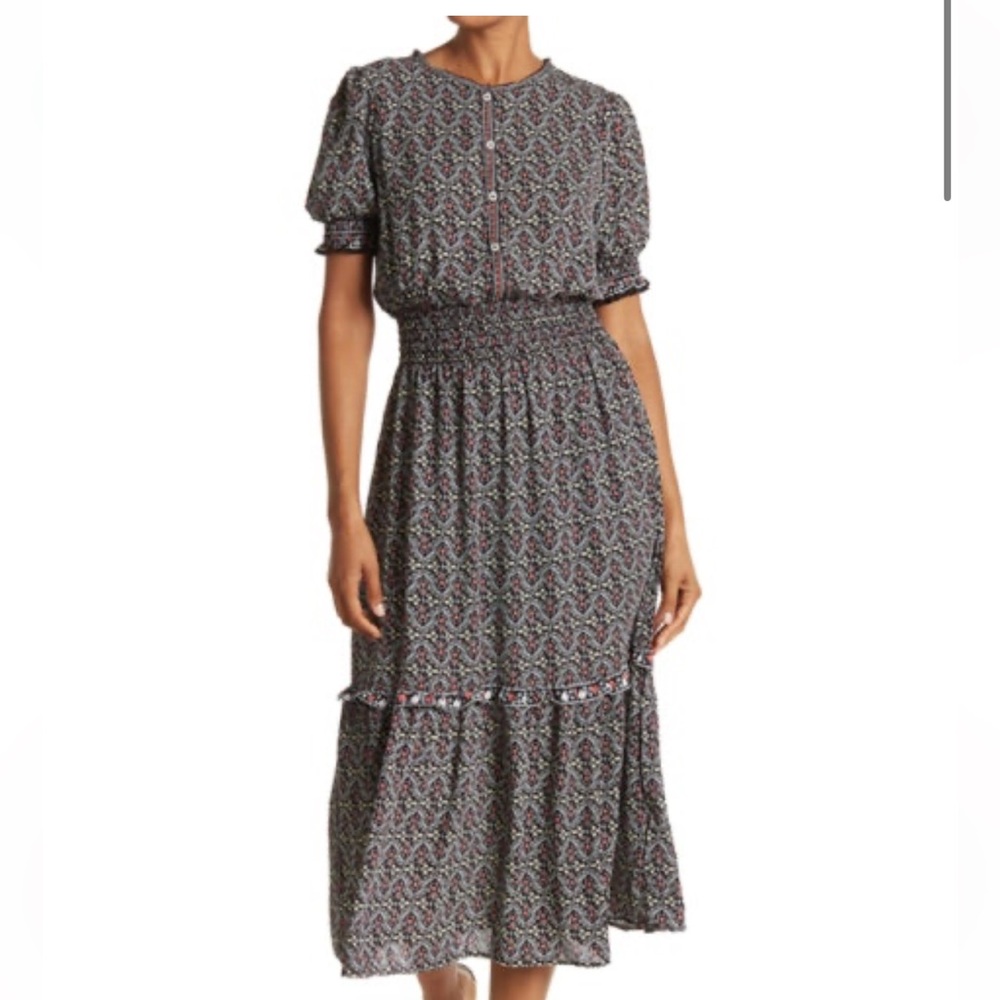 Max studio floral print button smoke band maxi dress